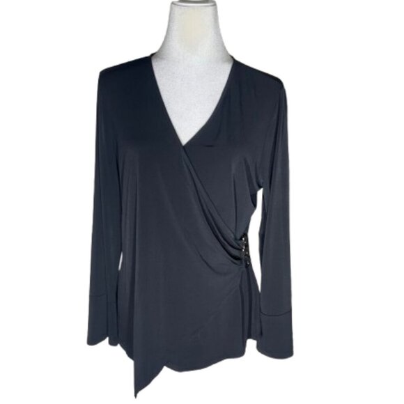 Rafaella Black  Wrap & Ruched Front Long Sleeve V-Neck Blouse Size Large - Picture 1 of 8